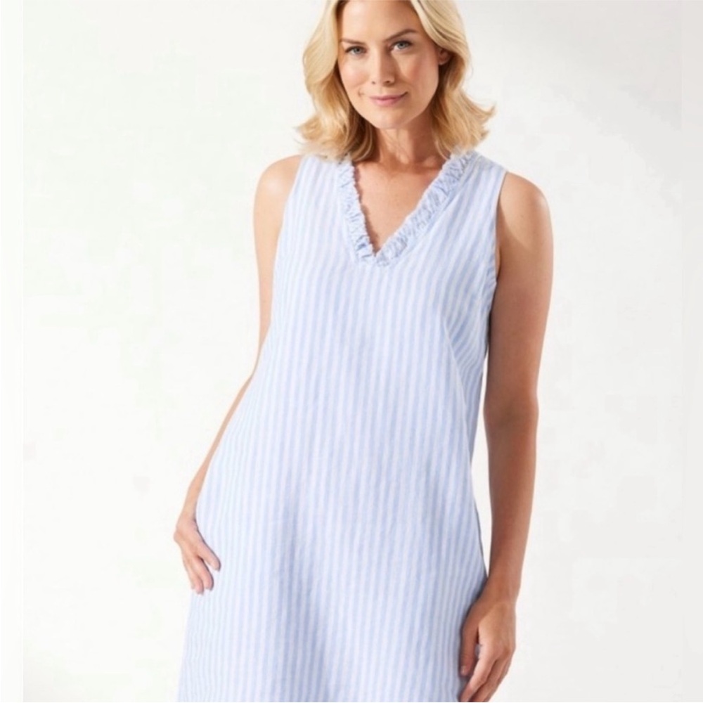 Tommy Bahama Two Palms Ruffle Linen Dress SZ XS Bahama Blue w/ White Stripe